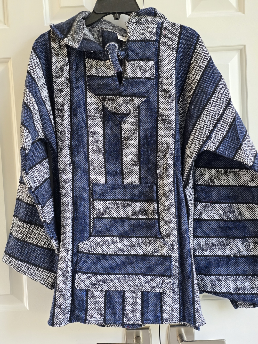 Vintage Men's Mexican Baja Blue Striped Hooded Jacket